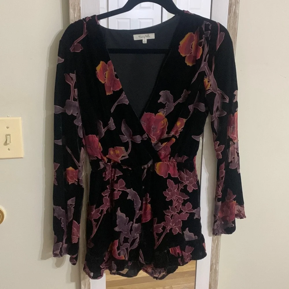 Honey Belle black floral, long sleeve, velvet romper - Picture 1 of 3